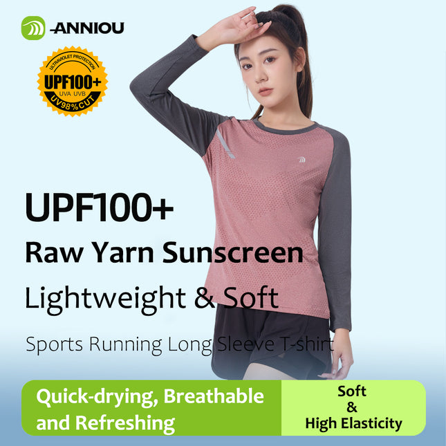 ANNIOU UPF100+ Raw Yarn Sunscreen Women Sports Quick Dry T Shirt Long Sleeve Yoga Tops Training Fitness Running T Shirt