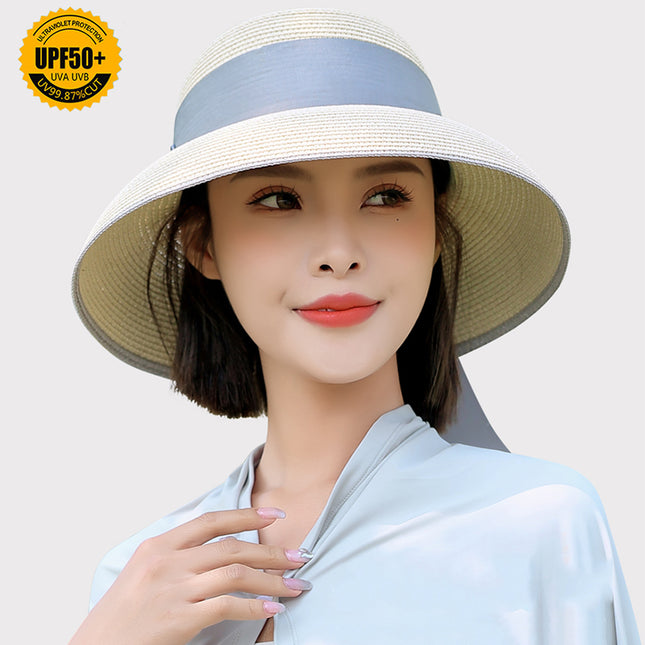 Sidiou Group ANNIOU Summer Women's Elegant Retro Straw Hat Beach Travel Seaside Vacation Sunscreen Breathable Large Brim UV Sun Shade Hat