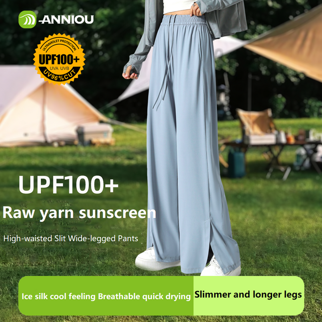 ANNIOU Summer Women UPF100+ Raw Yarn Quick-drying Loose Drape Split Casual Trousers High Waist Sunscreen Ice Silk Wide-leg Pants