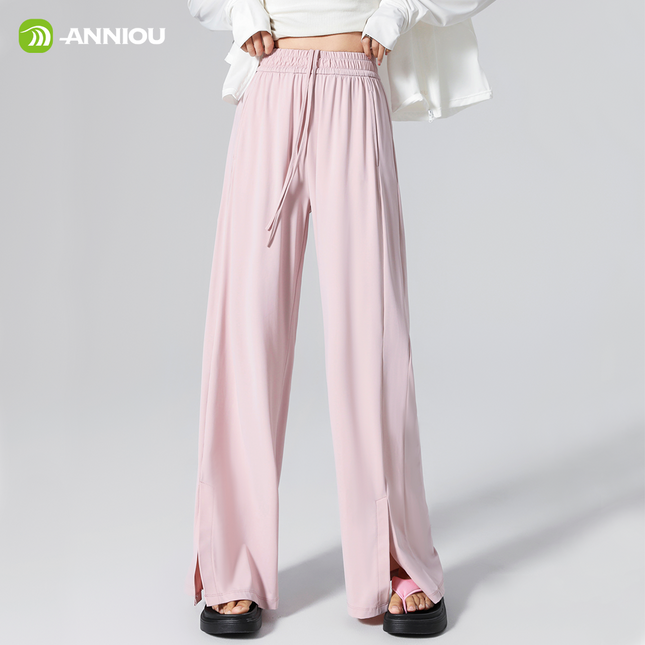 ANNIOU Summer Women UPF100+ Raw Yarn Quick-drying Loose Drape Split Casual Trousers High Waist Sunscreen Ice Silk Wide-leg Pants