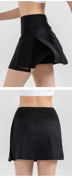 New Women's Solid Sports Skirt Side Slit Double Layer High Waist Yoga Skirts Quick Dry Running Fitness Tennis Skirts With Shorts