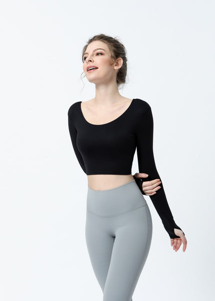 Long Sleeve Sexy Cross Backless Yoga Crop Top Women Sports Fitness T-shirts With Thumb Hole Padded Slim Fit Workout Shirts