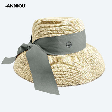 Sidiou Group ANNIOU Summer Women's Elegant Retro Straw Hat Beach Travel Seaside Vacation Sunscreen Breathable Large Brim UV Sun Shade Hat