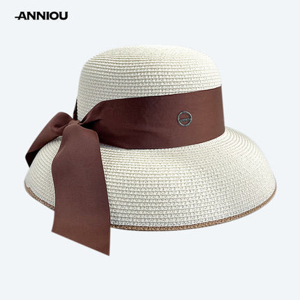 Sidiou Group ANNIOU Summer Women's Elegant Retro Straw Hat Beach Travel Seaside Vacation Sunscreen Breathable Large Brim UV Sun Shade Hat