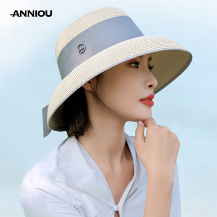 Sidiou Group ANNIOU Summer Women's Elegant Retro Straw Hat Beach Travel Seaside Vacation Sunscreen Breathable Large Brim UV Sun Shade Hat