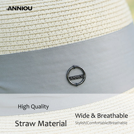 Sidiou Group ANNIOU Summer Women's Elegant Retro Straw Hat Beach Travel Seaside Vacation Sunscreen Breathable Large Brim UV Sun Shade Hat