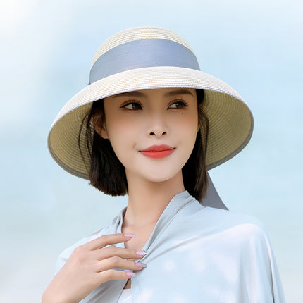 Sidiou Group ANNIOU Summer Women's Elegant Retro Straw Hat Beach Travel Seaside Vacation Sunscreen Breathable Large Brim UV Sun Shade Hat