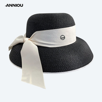 Sidiou Group ANNIOU Summer Women's Elegant Retro Straw Hat Beach Travel Seaside Vacation Sunscreen Breathable Large Brim UV Sun Shade Hat