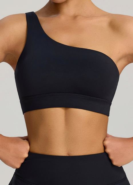 Black Asymmetrical Shoulder Shockproof Sports Bra