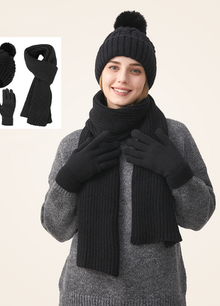 Black Knit Hat Scarf and Gloves Three-Piece Set