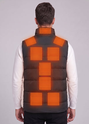 Men's #black heated vest back view, showing 9 heating zones marked with glowing orange heat lines, model wearing white inner sweater, electric heating gilet for winter outdoor, commercial product photo