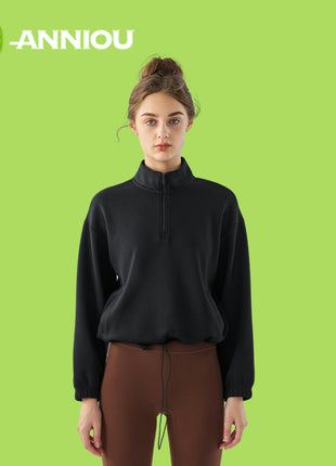 Black Women's Stand Collar Half Zip Sweatshirt