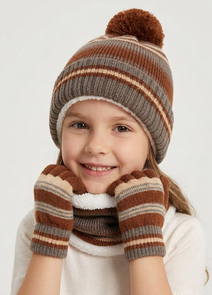 #Brown Children Winter Warm Knit Hat Scarf Gloves Set