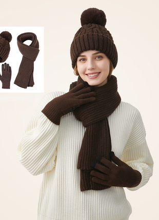 Brown Knit Hat Scarf and Gloves Three-Piece Set