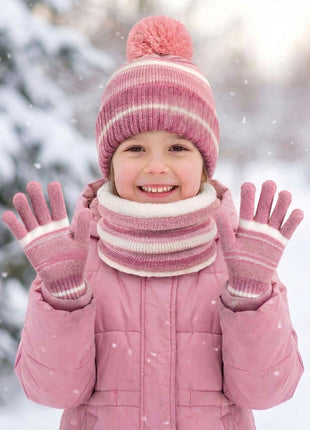 #Pink Children Winter Warm Knit Hat Scarf Gloves Set