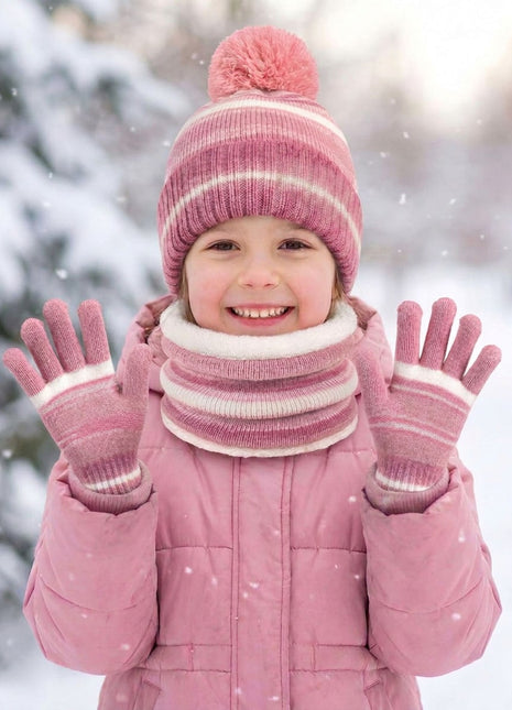 #Pink Children Winter Warm Knit Hat Scarf Gloves Set