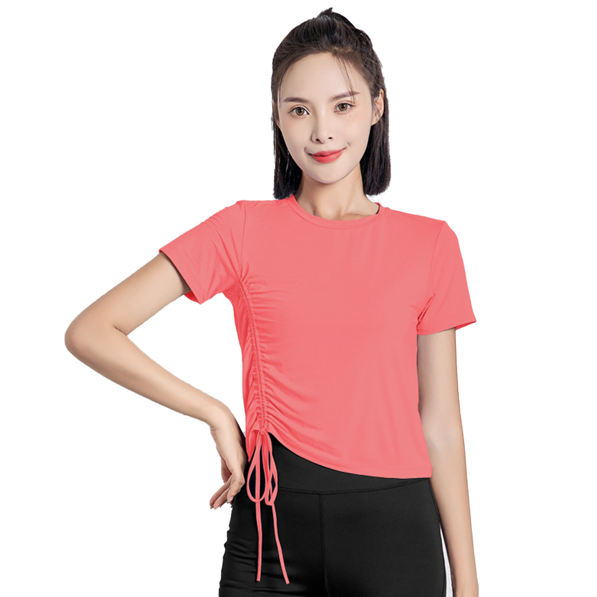 Wholesale Fashion Women Side Drawstring Sports Running T Shirts Round Neck Tops Ladies Short Sleeve Sun Protection Yoga T Shirt