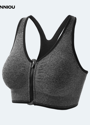 Grey High Support Shockproof Front Zipper Sports Bra