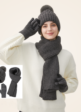 Grey Knit Hat Scarf and Gloves Three-Piece Set