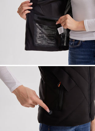 Split view of black heated vest. Top: inner zipper pocket with care instruction label. Bottom: one-touch heating power button on vest side, model demonstrates product details, white studio background.