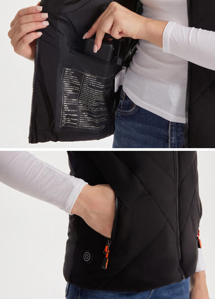 Product detail shot of black heated gilet. Top: inner dedicated pocket for power bank. Bottom: hand in side zipper pocket, chevron quilted fabric, orange zipper pull tab, plain white background.
