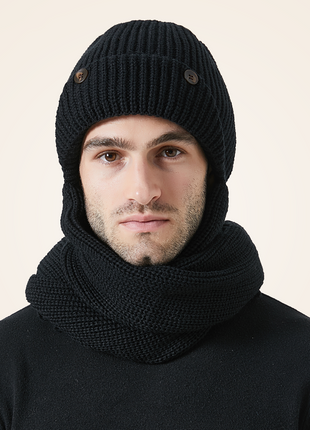 Men's Black Winter Warm Knitted Hat Scarf