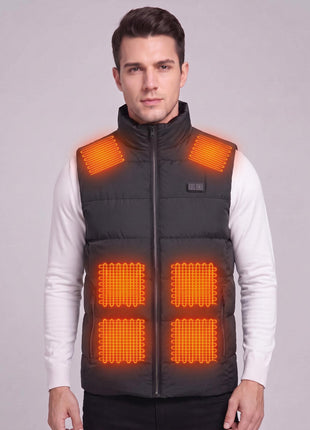 Front view of men's #black heated vest, glowing orange lines show 6 heating zones on chest and shoulders, with control button on chest, model wears white knit sweater, rechargeable warming vest for cold weather