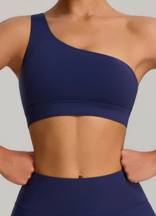 Navy Asymmetrical Shoulder Shockproof Sports Bra