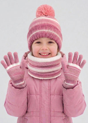 #Pink Children Winter Warm Knit Hat Scarf Gloves Set