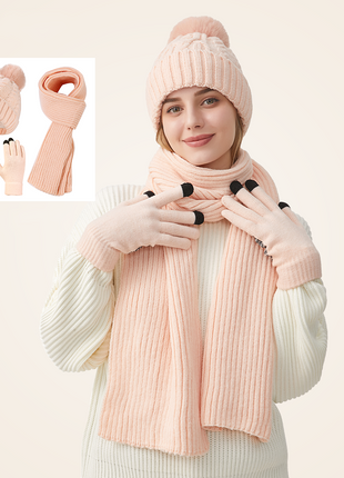 Pink Knit Hat Scarf and Gloves Three-Piece Set