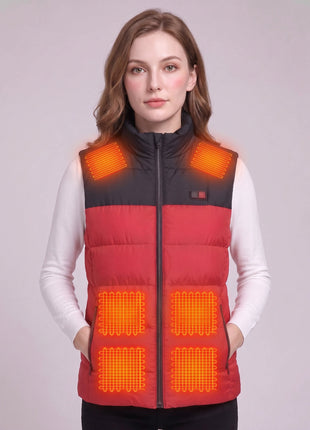 #Red Women's Heated Puffer Vest with 6 zones