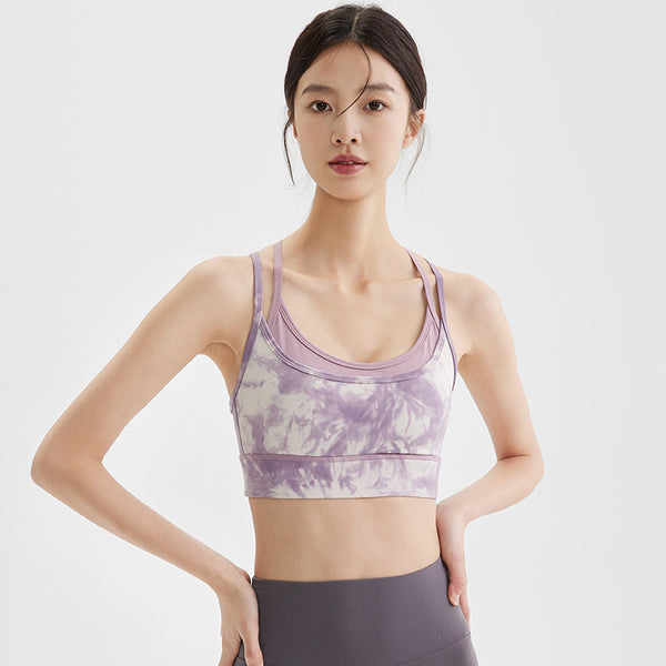 New Spring Tie Dye Printed Sports Bra Women's Cross Back Double Thin Strap Yoga Bras With Pads Push Up Ladies Fitness Vest
