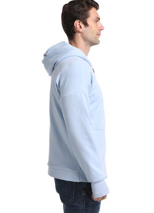 side of men's light blue heated zip hooded sweashirt