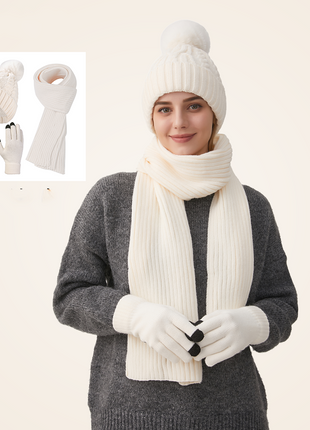 White Knit Hat Scarf and Gloves Three-Piece Set