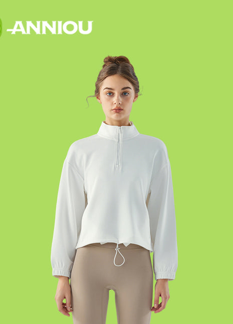 White Women's Stand Collar Half Zip Sweatshirt
