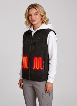 Front portrait of woman in black heated vest over white hoodie, red chest heating panels, zipper pockets and one-touch control button, studio plain grey background.