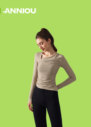 Women Khaki Slant Collar Yoga Mesh Splicing Tops