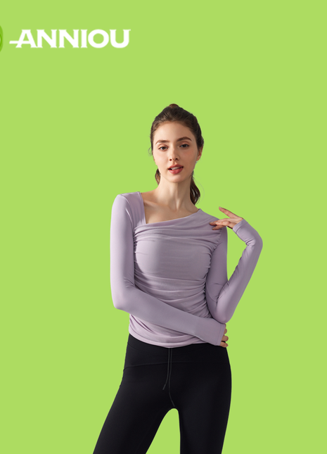 Women Purple Slant Collar Yoga Mesh Splicing Tops
