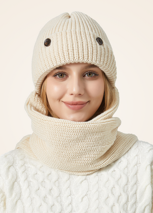 Women's Beige Winter Warm Knitted Hat Scarf