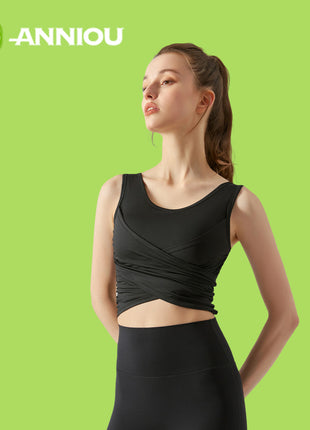 Women's Black Cross Pleated Yoga Tank Top