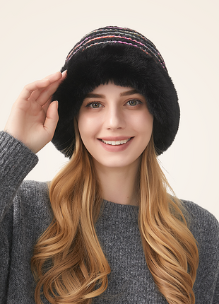 Women's Black Thermal Fur-collared Knitted Beanie