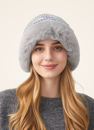 Women's Grey Thermal Fur-collared Knitted Beanie