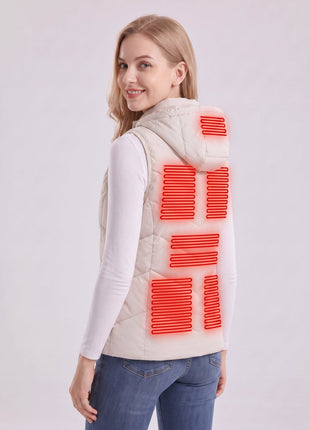 Female model wearing beige hooded heated vest, red heating zone illustrations on hood and back, chevron quilted sleeveless thermal gilet, studio white background, ladies winter electric heating vest.