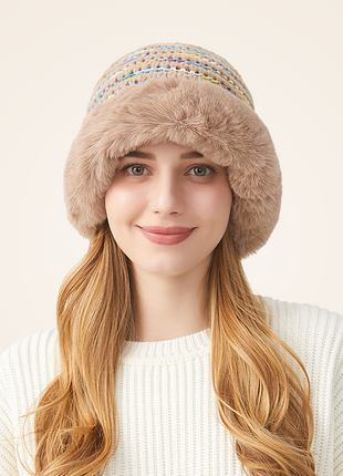 Women's Khaki Thermal Fur-collared Knitted Beanie