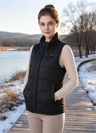 Young woman standing on snowy wooden boardwalk by lake, wearing black quilted heated vest with stand collar and chest control button, hands in pockets, winter outdoor scenery, warm sunset light, ladies thermal heated gilet.