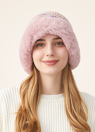 Women's Pink Thermal Fur-collared Knitted Beanie