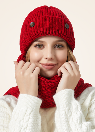 Women's Red Winter Warm Knitted Hat Scarf