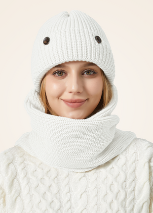 Women's White Winter Warm Knitted Hat Scarf