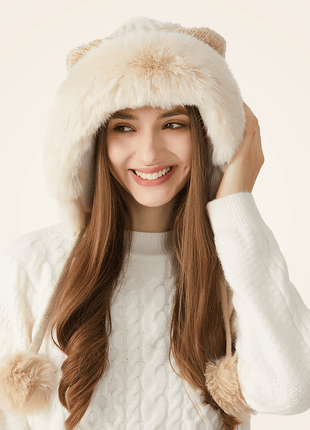 beige cat ear pom pom beanie