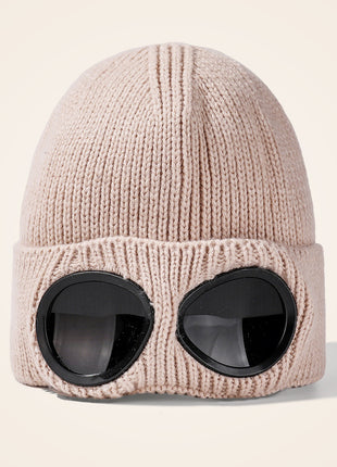beige goggles knit beanie